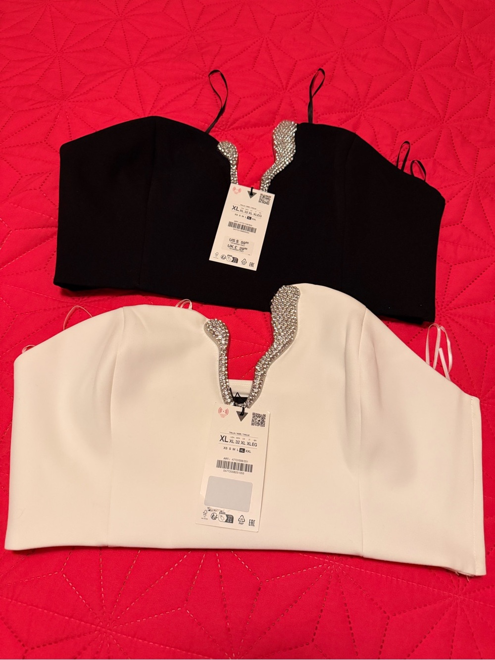 Zara Black and White Jeweled V-Notch Cropped Camisoles
